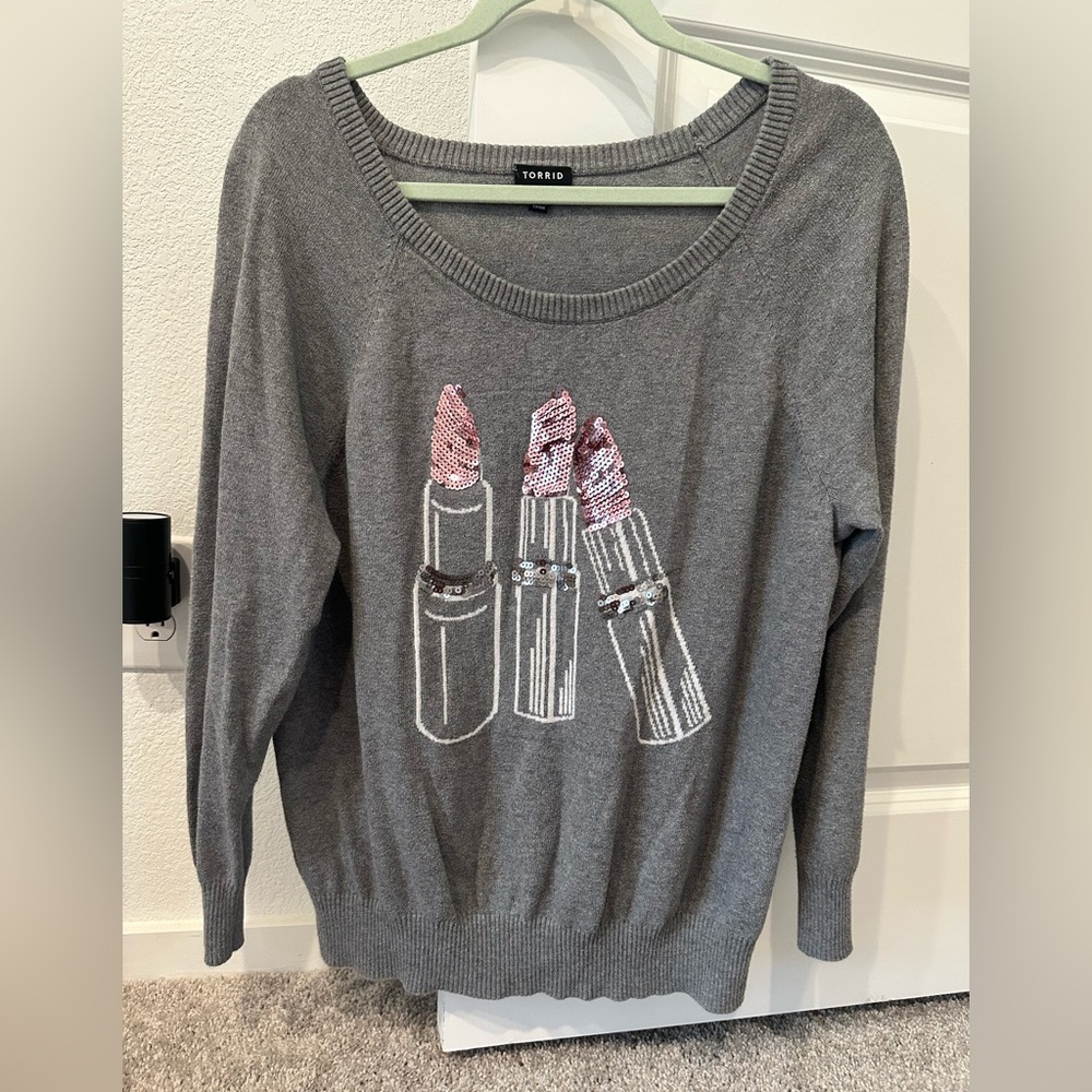 Torrid Sequin Lipstick Heather Gray Knit Top